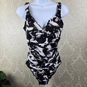Trimshaper size 12 Black White Abstract Pattern One Piece Swimsuit Wrap Look Top